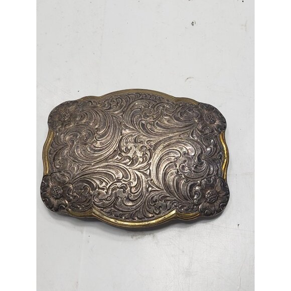 Vintage Crumrine Heavy Silver Plate Jeweler's Bronze Floral Design Belt Buckle - Picture 1 of 8